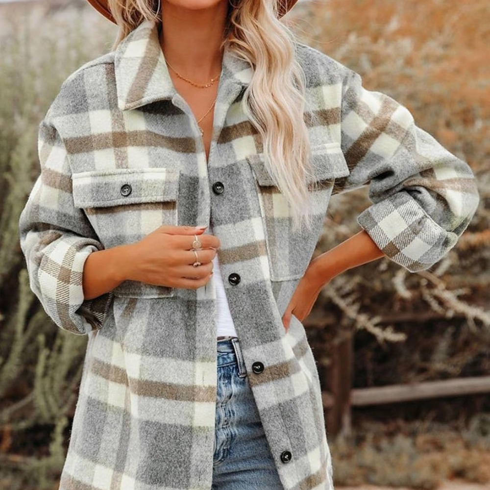 Nwot Oversized Plaid Flannel Shacket Gray Button … - image 1